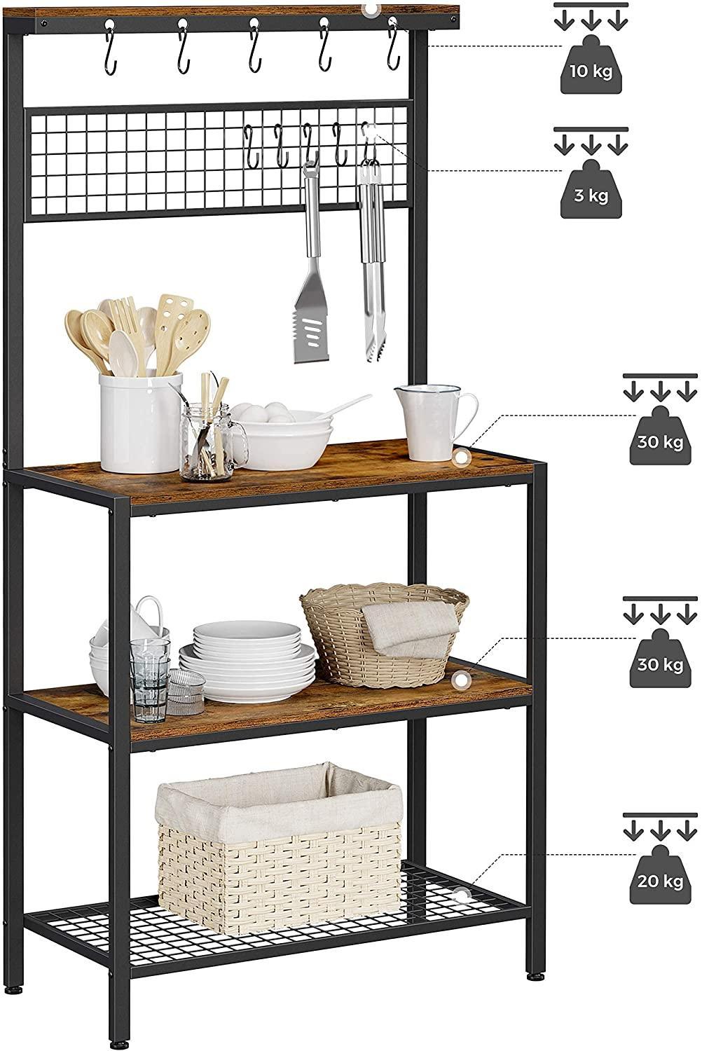 Industrial Kitchen Baker's Rack with Storage Shelves 10 Hooks and Metal Mesh Shelf 84 x 40 x 170 cm Rustic Brown - John Cootes