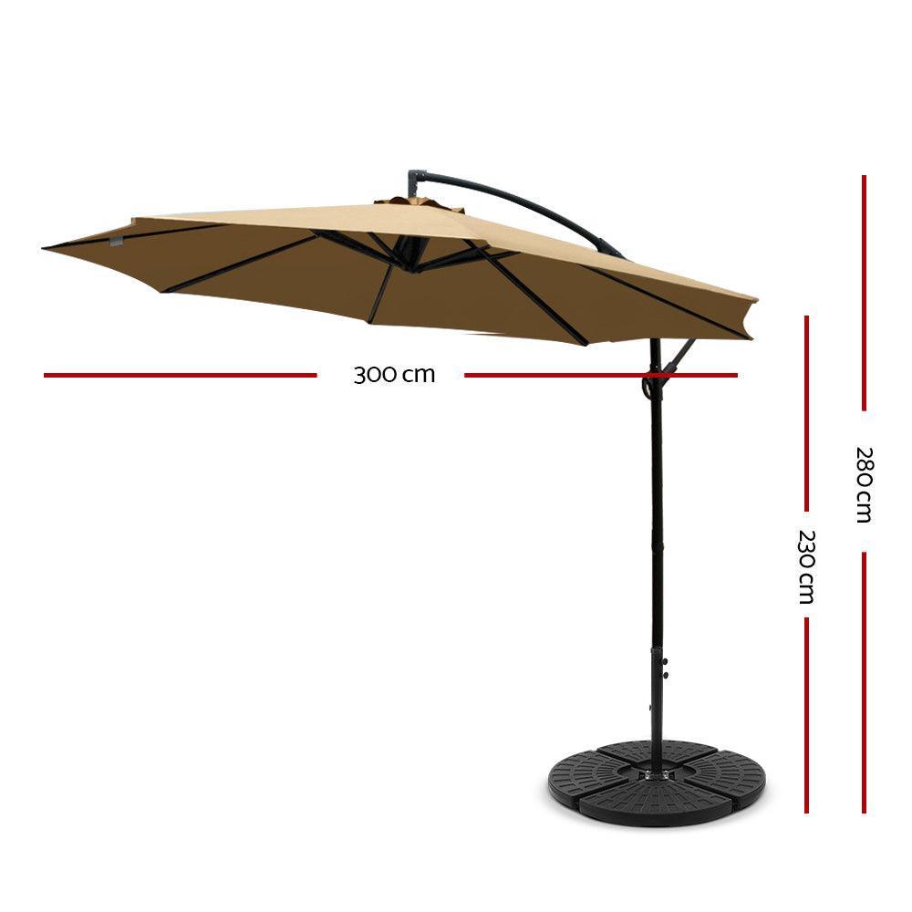 Instahut 3M Umbrella with 48x48cm Base Outdoor Umbrellas Cantilever Sun Beach Garden Patio Beige - John Cootes