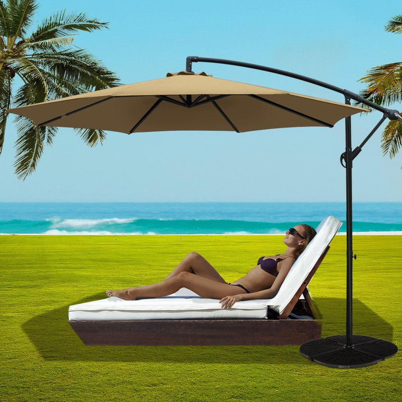 Instahut 3M Umbrella with 48x48cm Base Outdoor Umbrellas Cantilever Sun Beach Garden Patio Beige - John Cootes