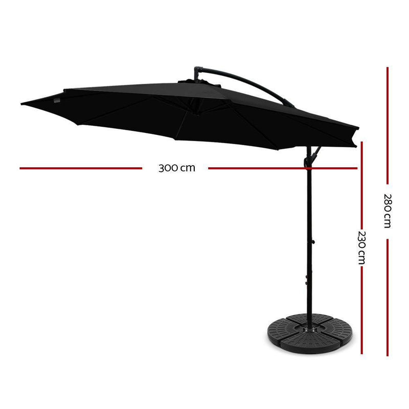 Instahut 3M Umbrella with 48x48cm Base Outdoor Umbrellas Cantilever Sun Beach Garden Patio Black - John Cootes
