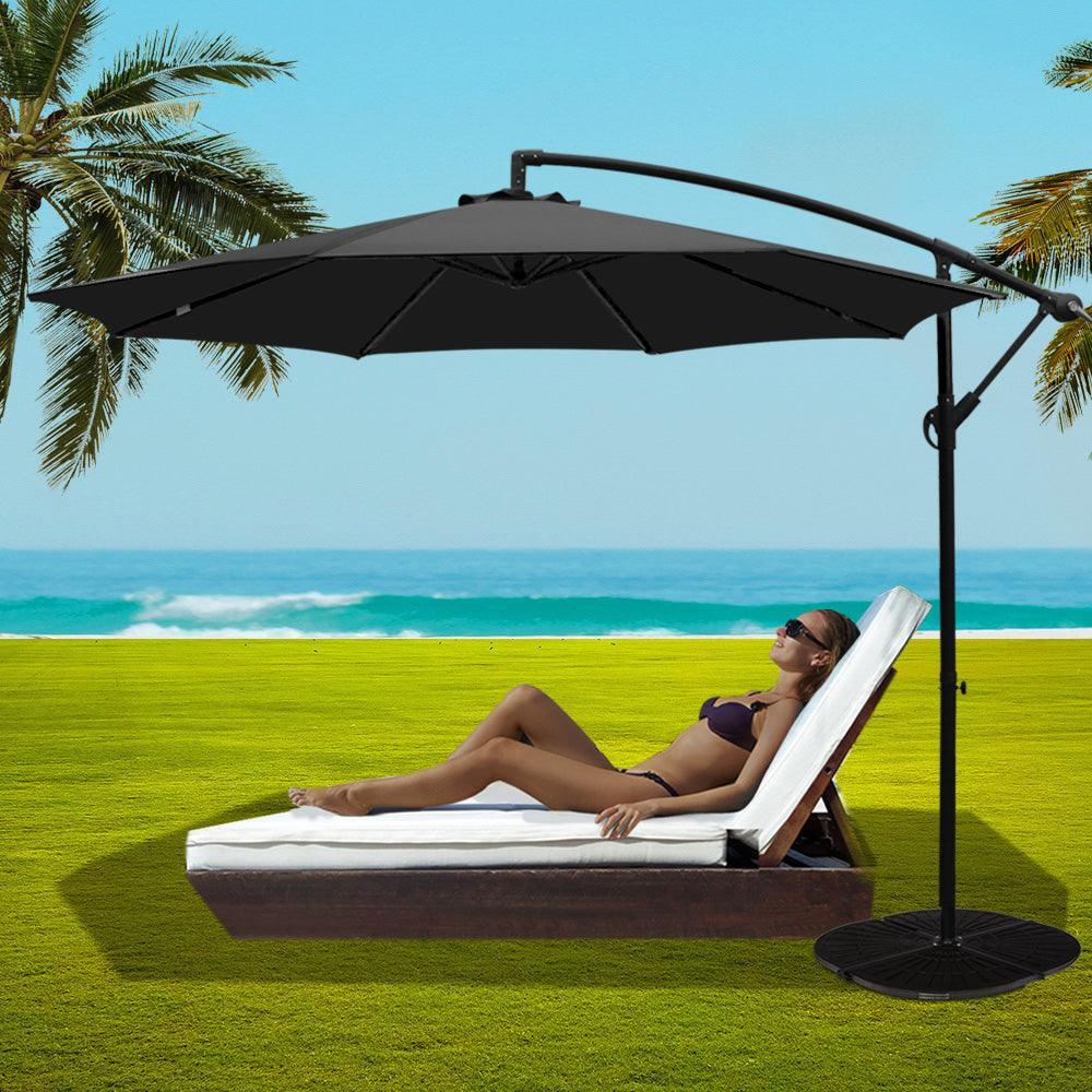 Instahut 3M Umbrella with 48x48cm Base Outdoor Umbrellas Cantilever Sun Beach Garden Patio Black - John Cootes