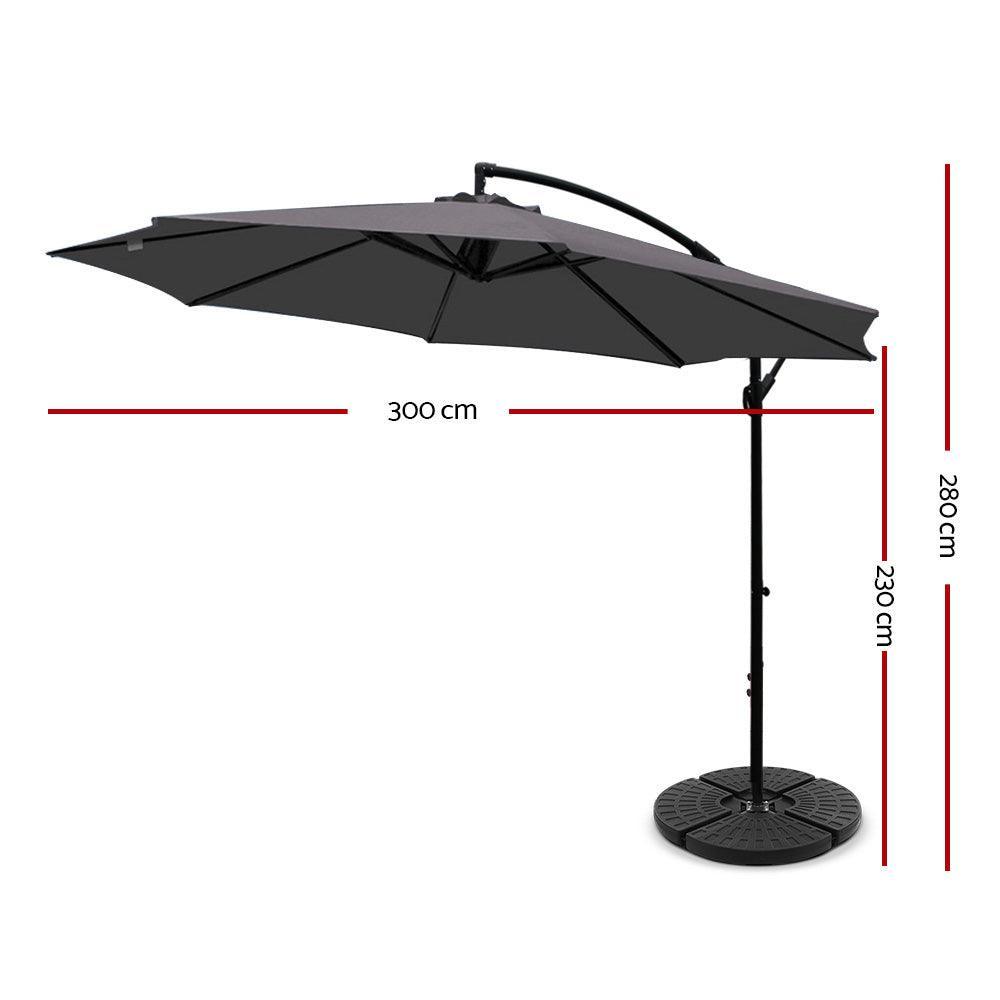 Instahut 3M Umbrella with 48x48cm Base Outdoor Umbrellas Cantilever Sun Beach Garden Patio Charcoal - John Cootes