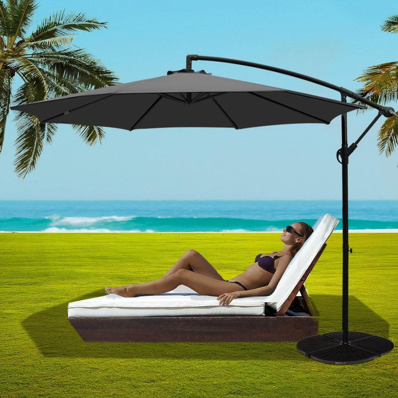 Instahut 3M Umbrella with 48x48cm Base Outdoor Umbrellas Cantilever Sun Beach Garden Patio Charcoal - John Cootes