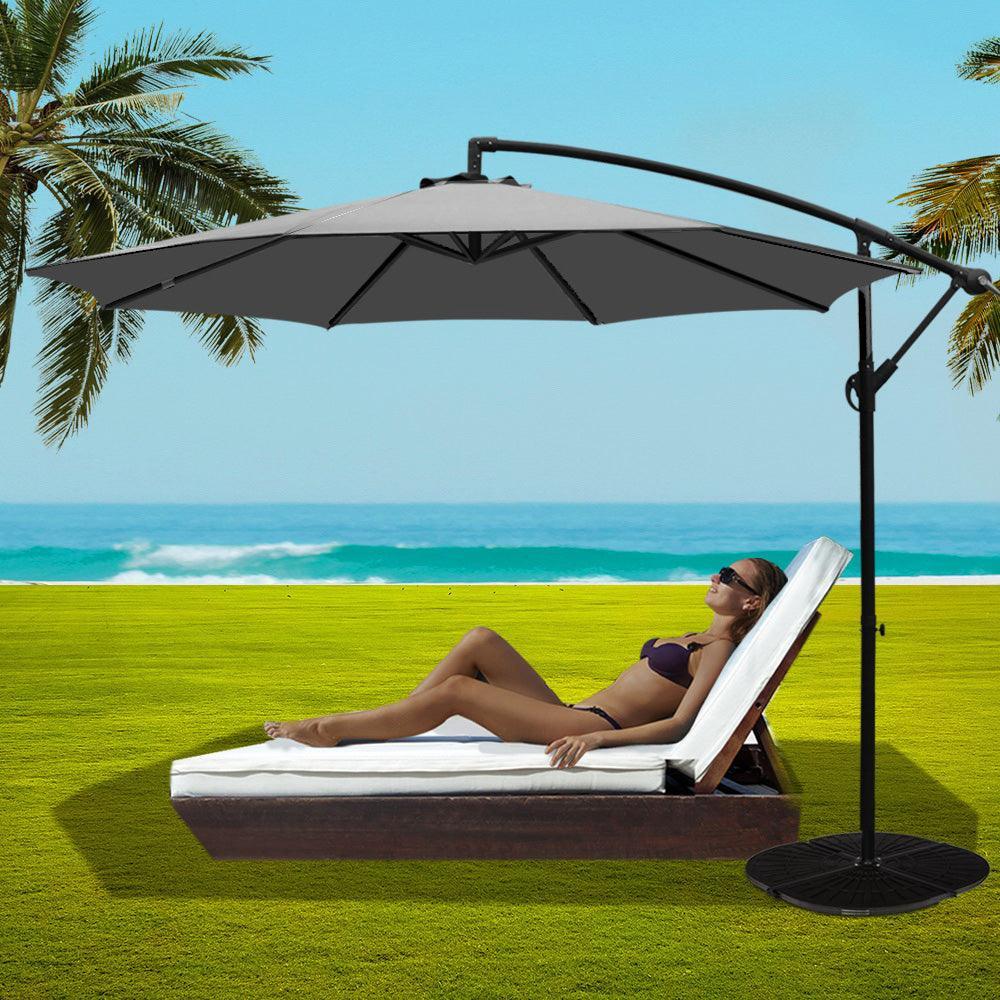 Instahut 3M Umbrella with 48x48cm Base Outdoor Umbrellas Cantilever Sun Beach Garden Patio Grey - John Cootes