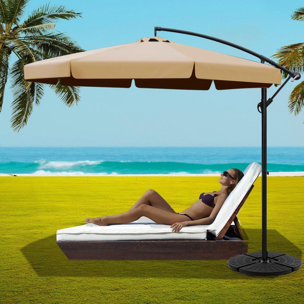 Instahut 3M Umbrella with 48x48cm Base Outdoor Umbrellas Cantilever Sun Beach UV Beige - John Cootes