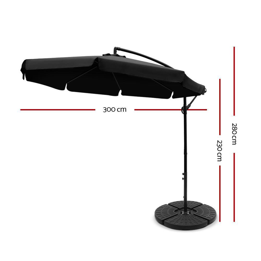 Instahut 3M Umbrella with 48x48cm Base Outdoor Umbrellas Cantilever Sun Beach UV Black - John Cootes