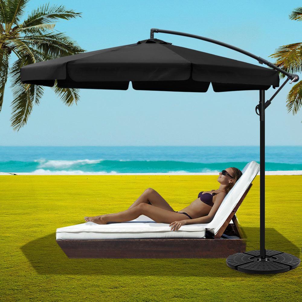 Instahut 3M Umbrella with 48x48cm Base Outdoor Umbrellas Cantilever Sun Beach UV Black - John Cootes