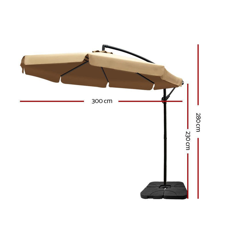Instahut 3M Umbrella with 50x50cm Base Outdoor Umbrellas Cantilever Patio Sun Beach UV Beige - John Cootes
