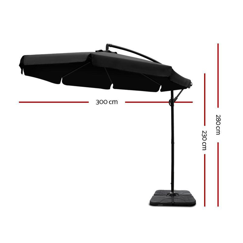 Instahut 3M Umbrella with 50x50cm Base Outdoor Umbrellas Cantilever Patio Sun Beach UV Black - John Cootes