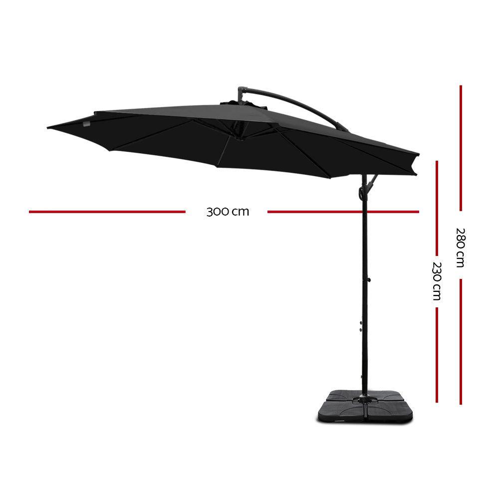 Instahut 3M Umbrella with 50x50cm Base Outdoor Umbrellas Cantilever Sun Stand UV Garden Black - John Cootes