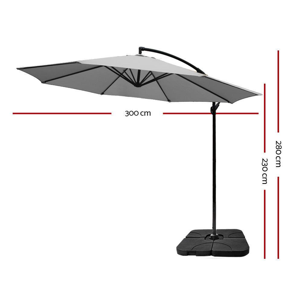 Instahut 3M Umbrella with 50x50cm Base Outdoor Umbrellas Cantilever Sun Stand UV Garden Grey - John Cootes