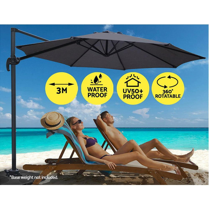 Instahut Outdoor Umbrella 3M Roma Cantilever Beach Furniture Garden 360 Degree Charcoal - John Cootes