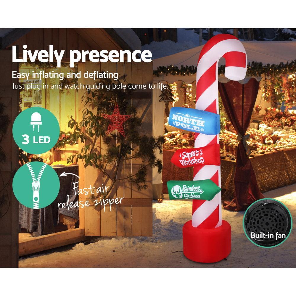 Jingle Jollys 2.4M Christmas Inflatable Santa Guide Candy Pole Xmas Decor LED - John Cootes