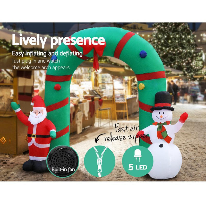 Jingle Jollys 2.8M Christmas Inflatable Giant Arch Way Santa Snowman Light Decor - John Cootes