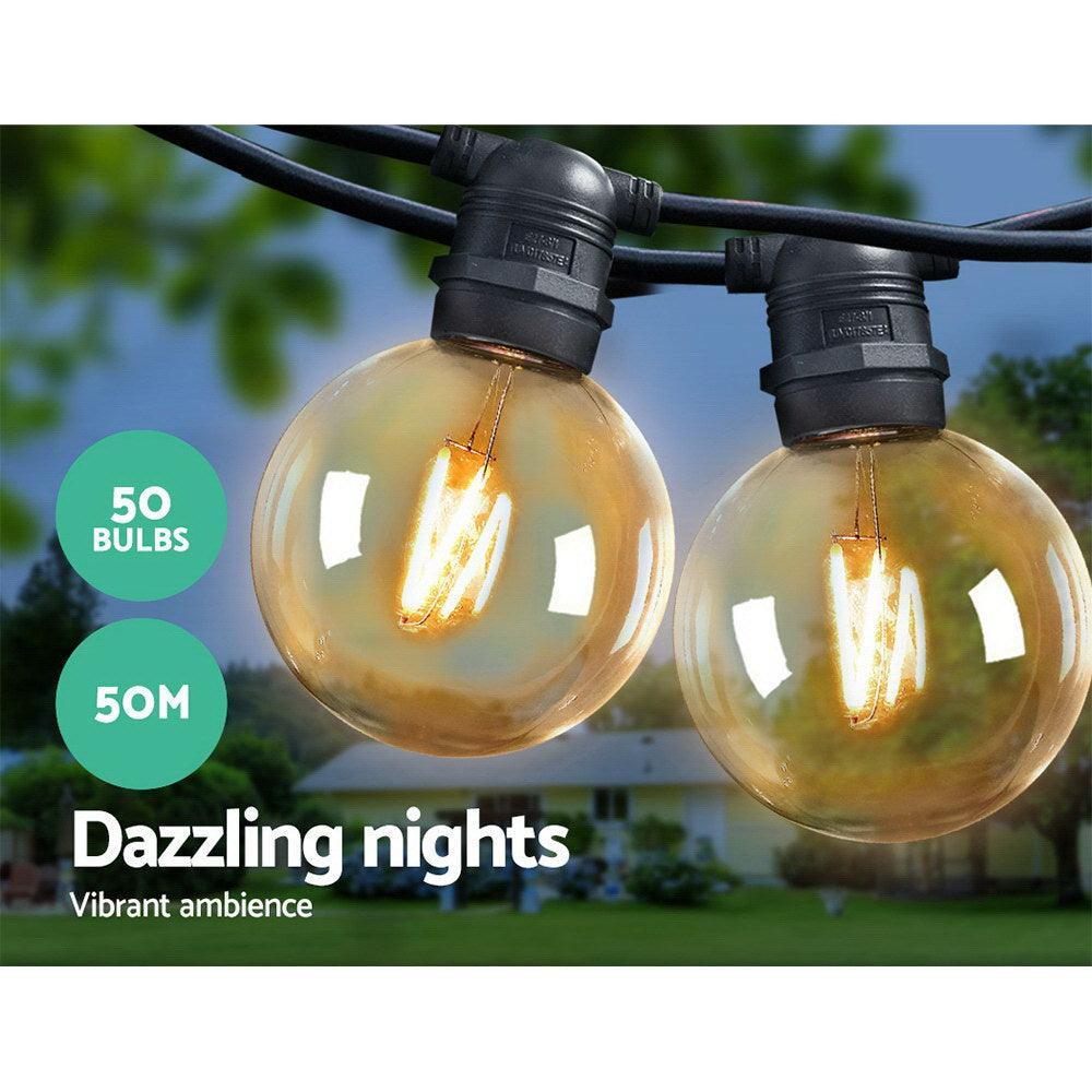 Jingle Jollys 50m LED Festoon String Lights 50 Bulbs Kits Wedding Party Christmas G80 - John Cootes