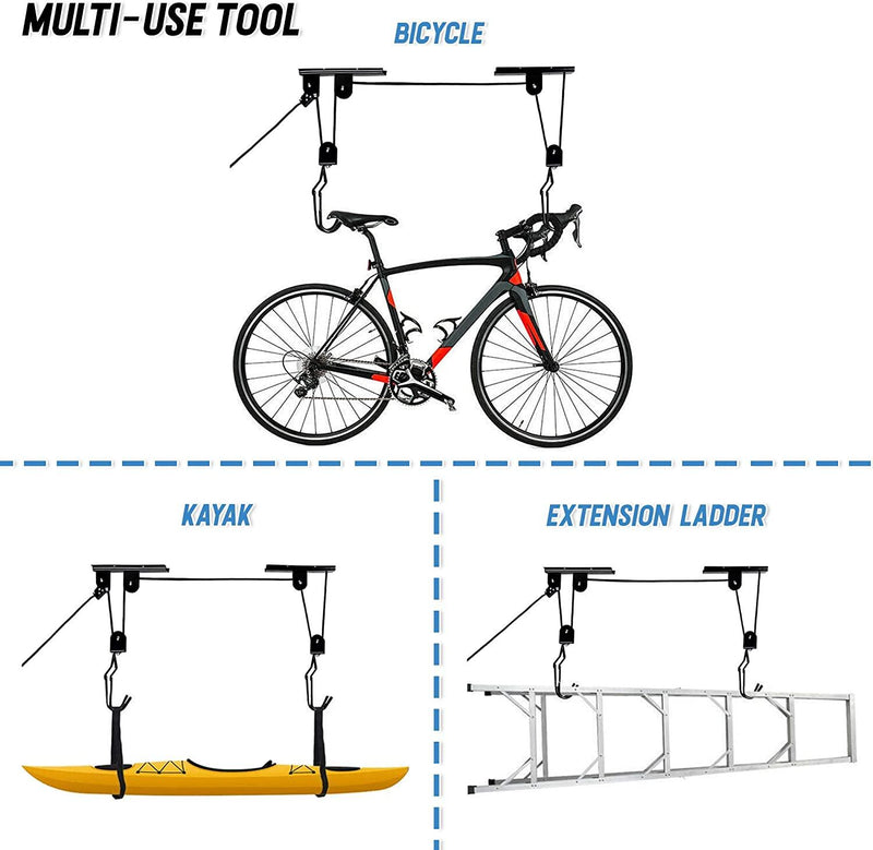 Kayak Bike Hoists Hanger Ladder Ceiling Mount 55 lb Capacity Hooks Pulleys - John Cootes