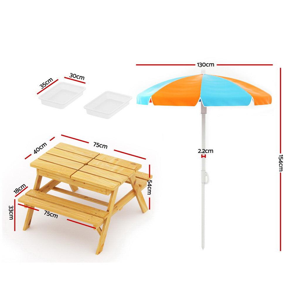 Keezi Kids Outdoor Table and Chairs Picnic Bench Set Umbrella Water Sand Pit Box - John Cootes