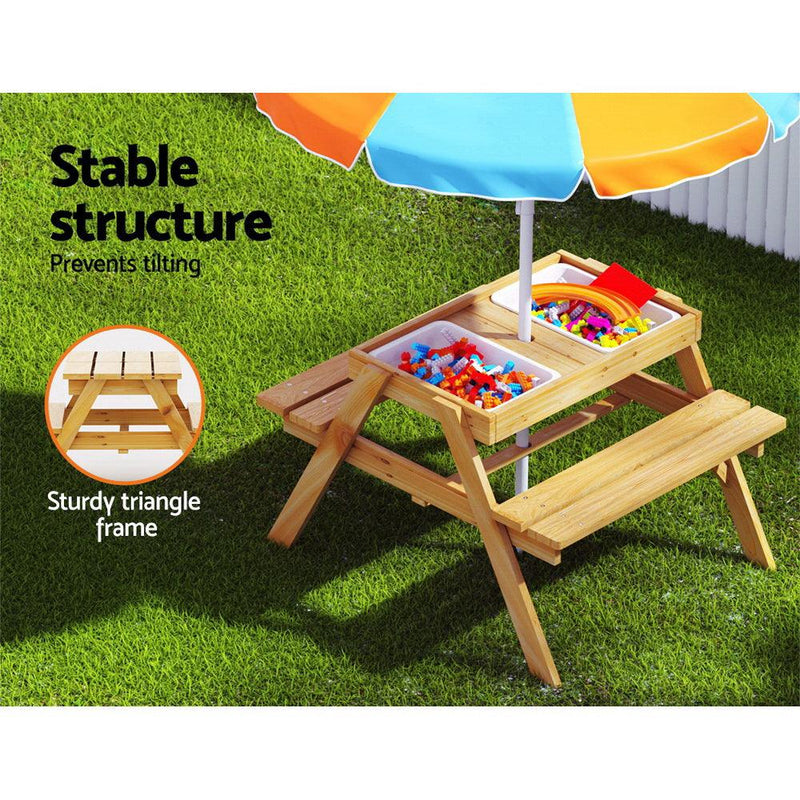 Keezi Kids Outdoor Table and Chairs Picnic Bench Set Umbrella Water Sand Pit Box - John Cootes