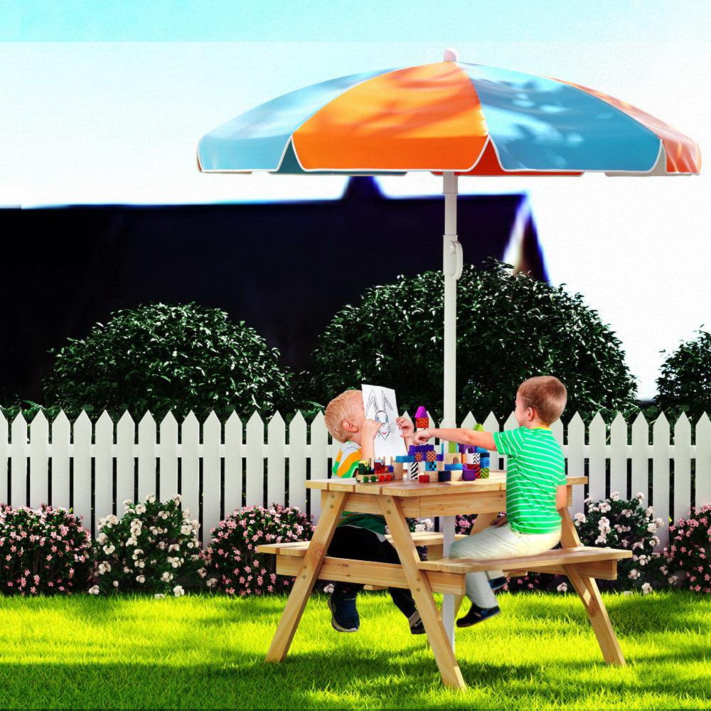 Keezi Kids Outdoor Table and Chairs Picnic Bench Set Umbrella Water Sand Pit Box - John Cootes