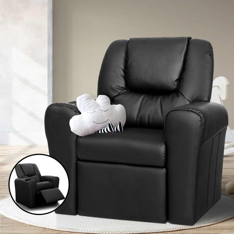 Keezi Kids Recliner Chair Black PU Leather Sofa Lounge Couch Children Armchair - John Cootes