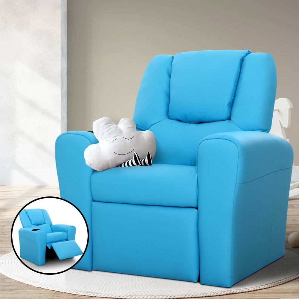 Keezi Kids Recliner Chair Blue PU Leather Sofa Lounge Couch Children Armchair - John Cootes