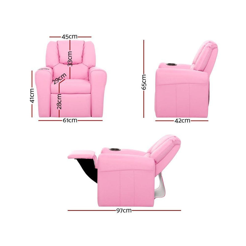 Keezi Kids Recliner Chair Pink PU Leather Sofa Lounge Couch Children Armchair - John Cootes
