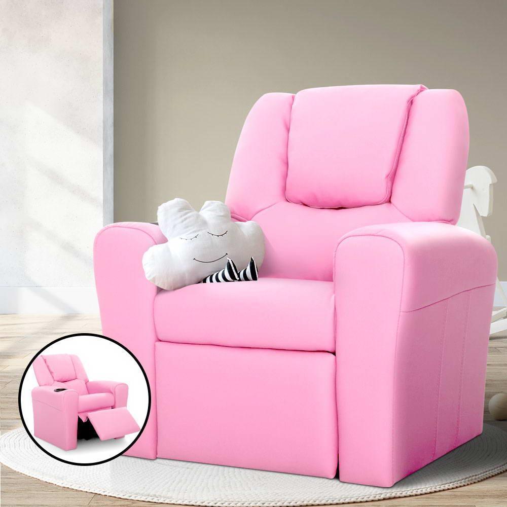 Keezi Kids Recliner Chair Pink PU Leather Sofa Lounge Couch Children Armchair - John Cootes