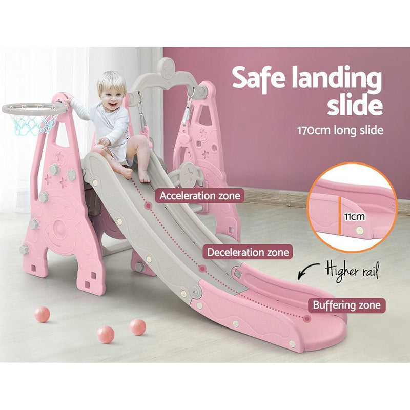 Keezi Kids Slide 170cm Extra Long Swing Basketball Hoop Toddlers PlaySet Pink - John Cootes