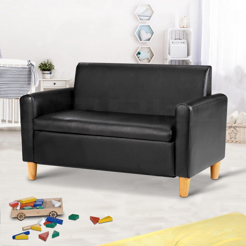 Keezi Kids Sofa Storage Armchair 2 Seater Black PU Leather Children Chair Couch - John Cootes