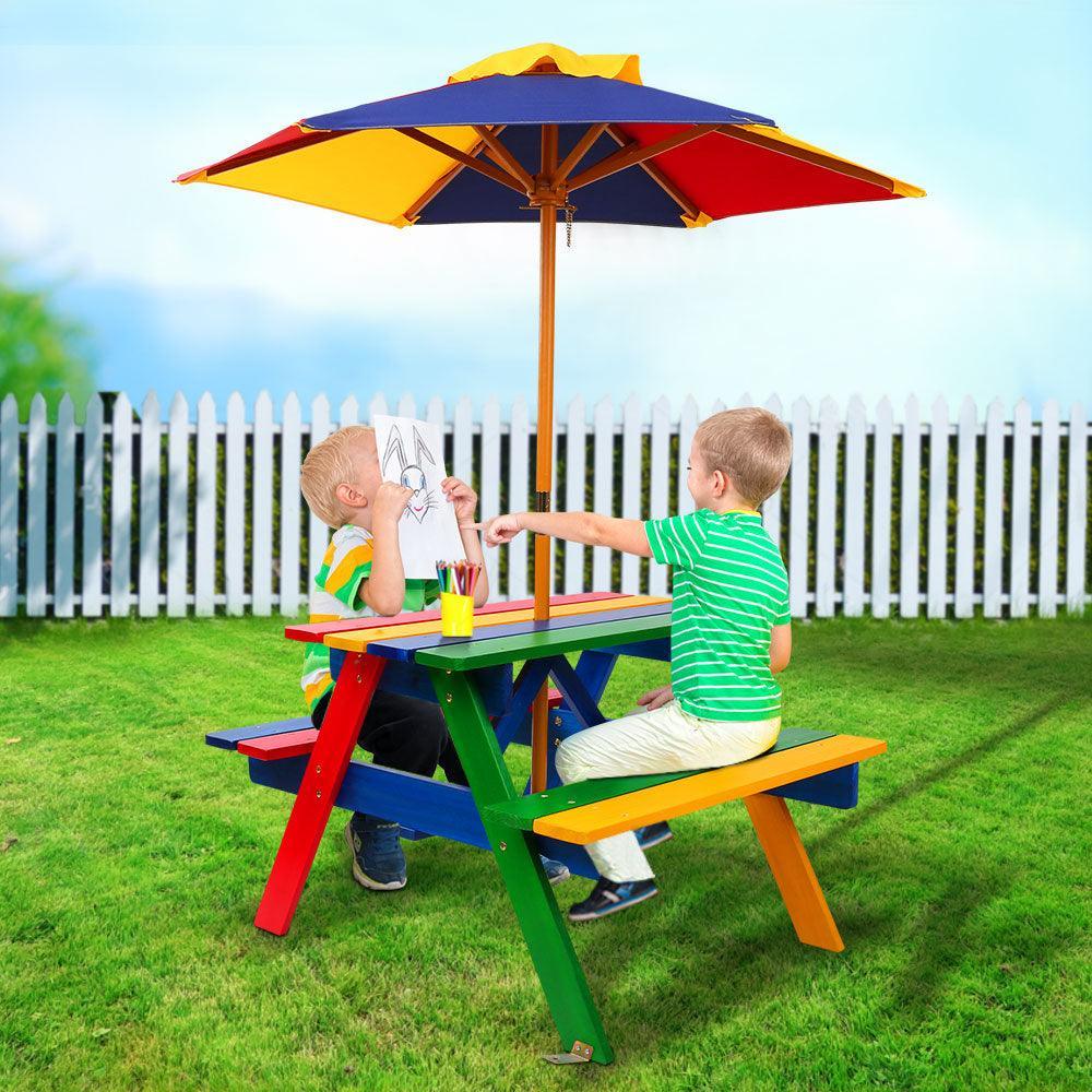 Keezi Kids Wooden Picnic Table Set with Umbrella - John Cootes