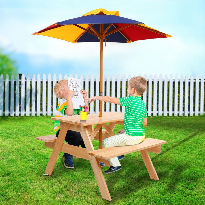 Keezi Kids Wooden Picnic Table Set with Umbrella - John Cootes