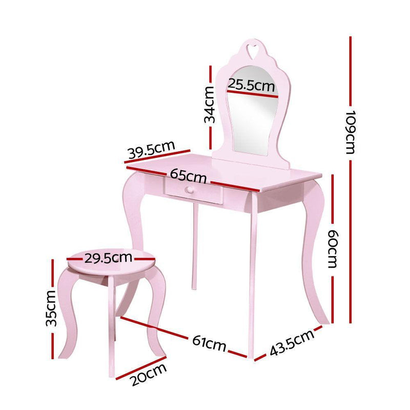 Keezi Pink Kids Vanity Dressing Table Stool Set Mirror Princess Children Makeup - John Cootes