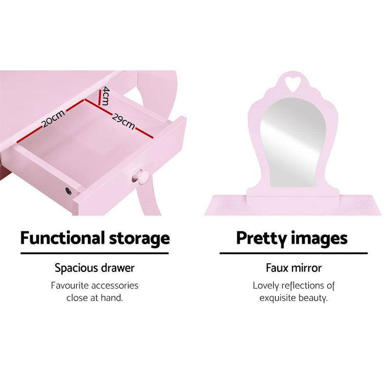 Keezi Pink Kids Vanity Dressing Table Stool Set Mirror Princess Children Makeup - John Cootes