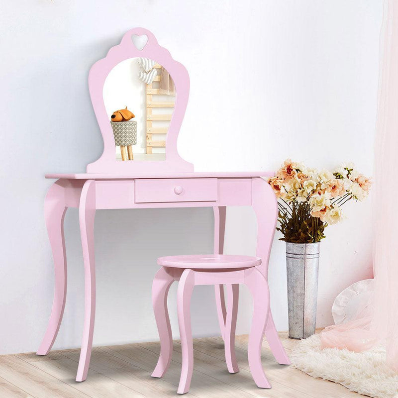 Keezi Pink Kids Vanity Dressing Table Stool Set Mirror Princess Children Makeup - John Cootes