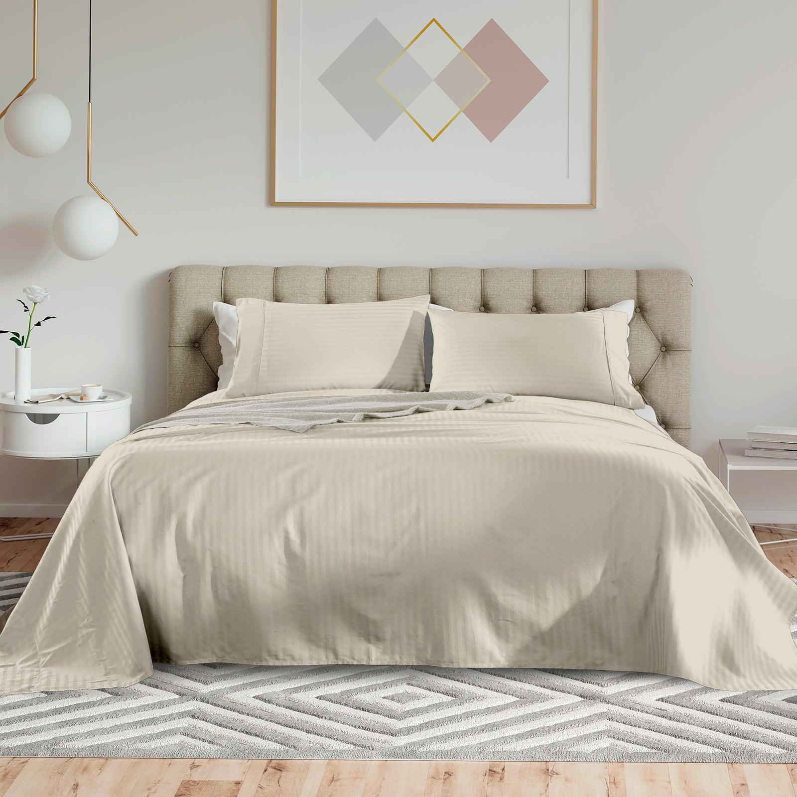 Kensington 1200 Thread Count 100% Cotton Sheet Set Stripe Hotel Grade - Super King - Sand - John Cootes