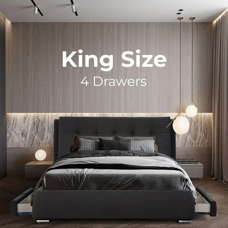 Kiama King Size Bed Frame Timber Mattress Base With Storage Drawers - Grey - John Cootes