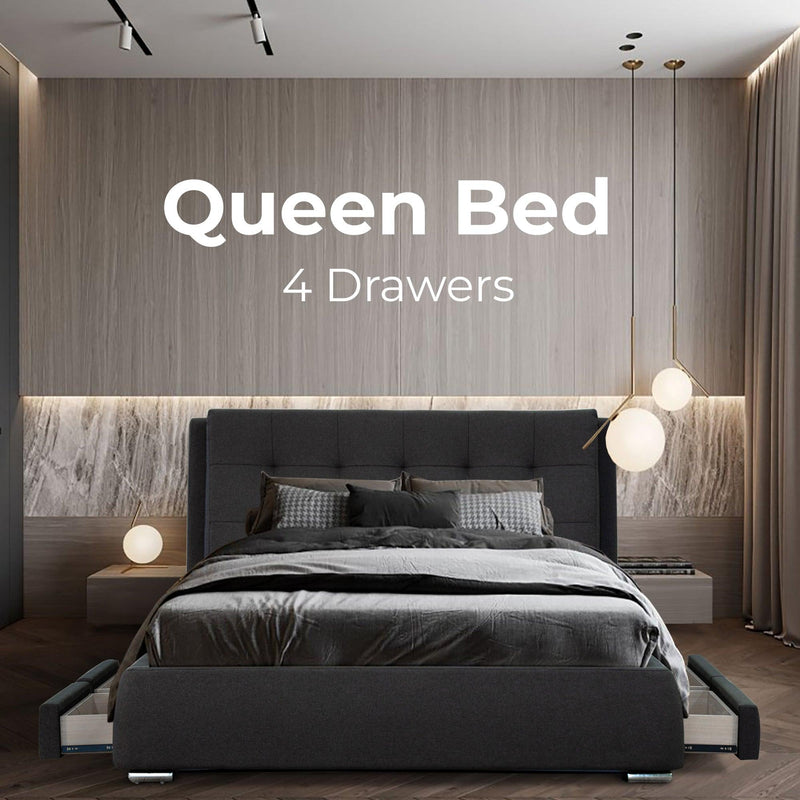 Kiama Queen Size Bed Frame Timber Mattress Base With Storage Drawers - Grey - John Cootes