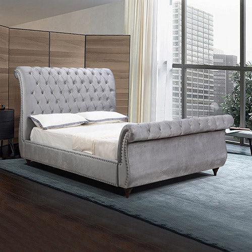 King Bed Frame Upholstery Velvet Fabric in Grey with Tufted Headboard Sleigh Bed - John Cootes