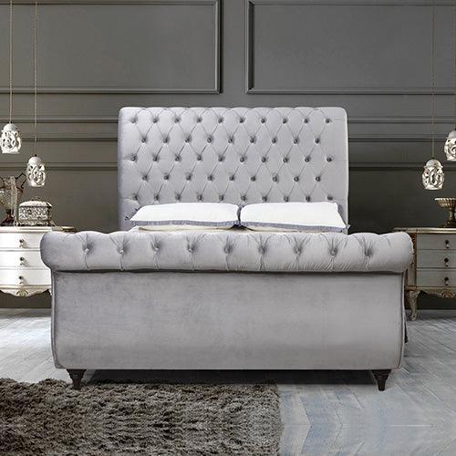 King Bed Frame Upholstery Velvet Fabric in Grey with Tufted Headboard Sleigh Bed - John Cootes