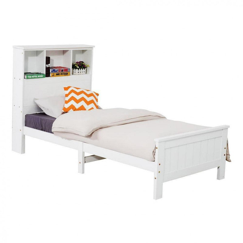 King Single Solid Pine Timber Bed Frame with Bookshelf Storage Headboard- White - John Cootes