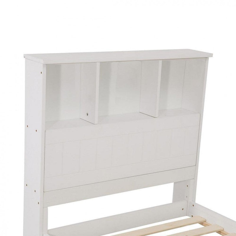 King Single Solid Pine Timber Bed Frame with Bookshelf Storage Headboard- White - John Cootes