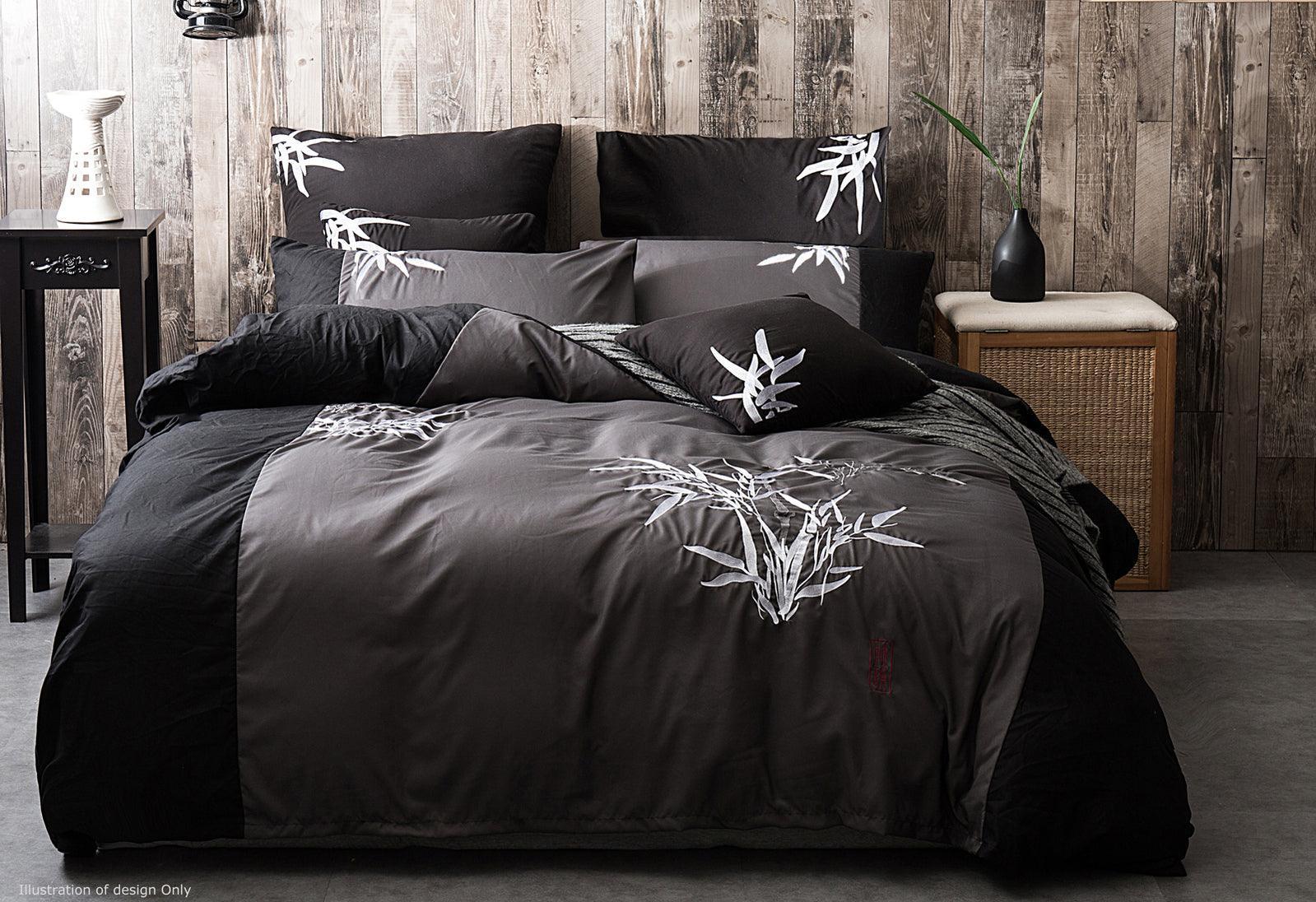 King Size Embroidered Bamboo Pattern Black Grey Quilt Cover Set (3PCS) - John Cootes