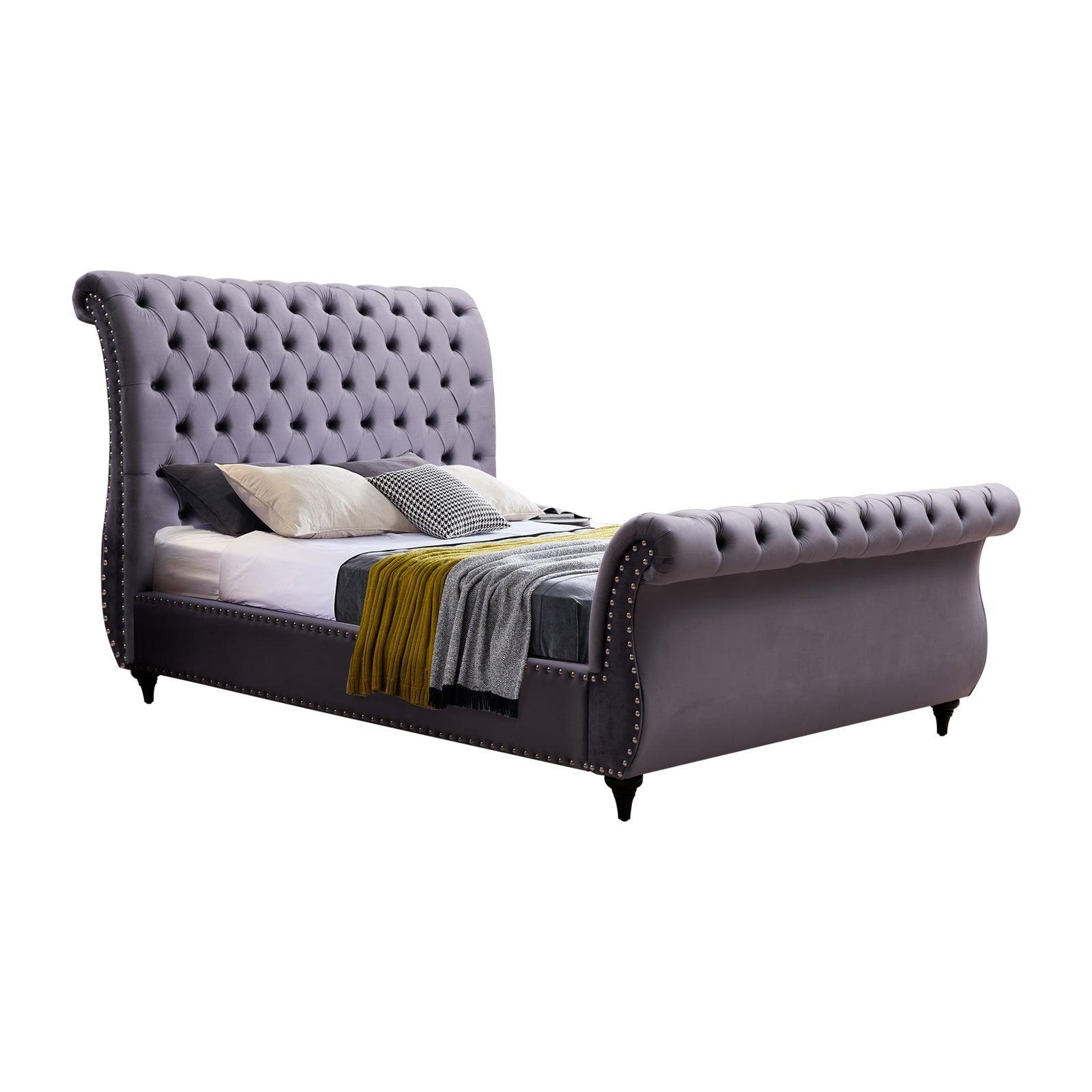 King Size Sleigh Bedframe Velvet Upholstery Grey Colour Tufted Headboard And Footboard Deep Quilting - John Cootes