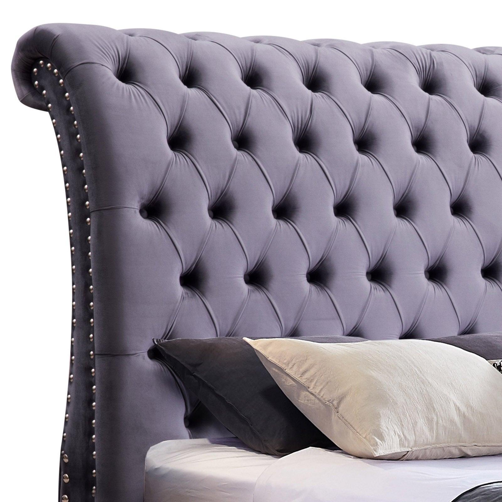 King Size Sleigh Bedframe Velvet Upholstery Grey Colour Tufted Headboard And Footboard Deep Quilting - John Cootes