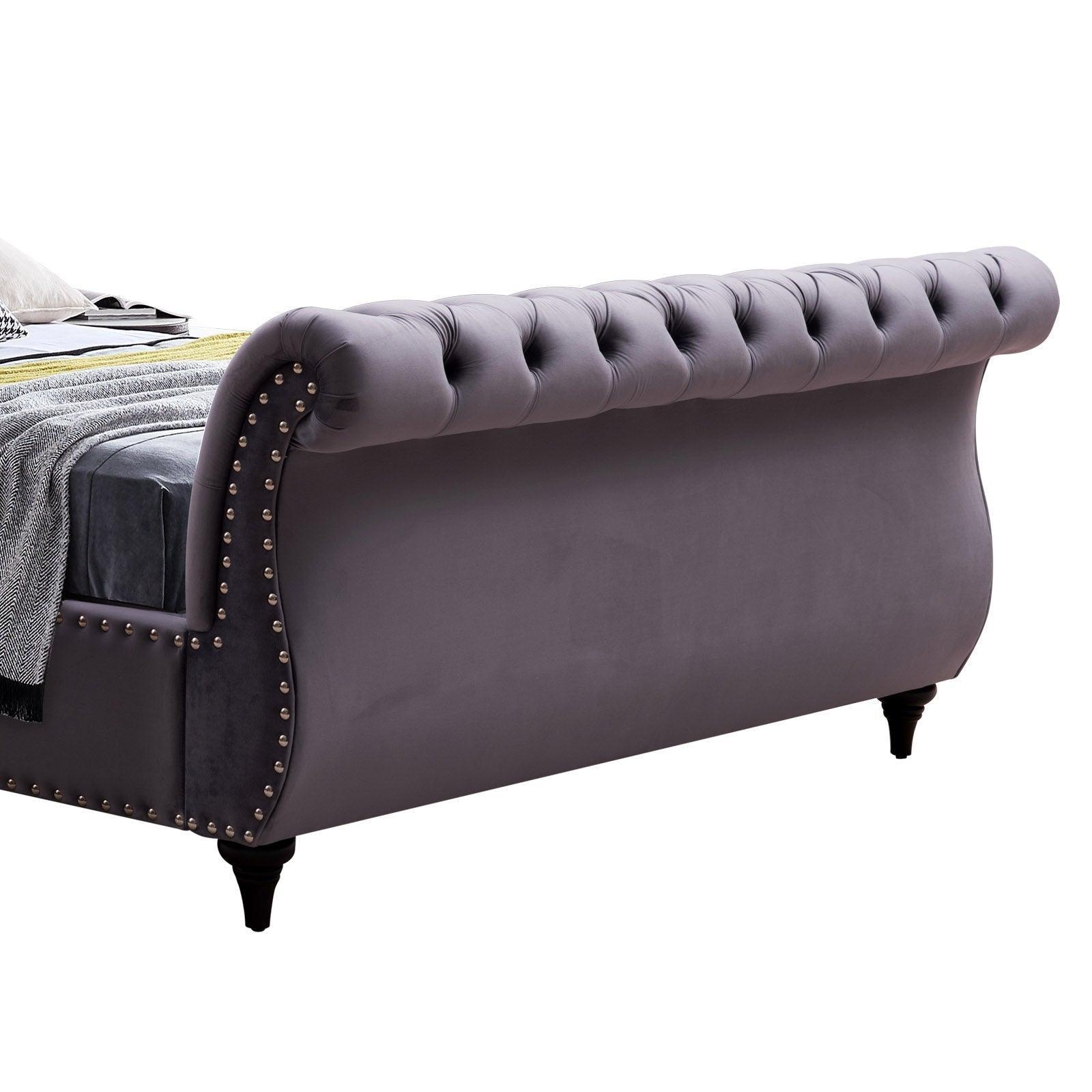 King Size Sleigh Bedframe Velvet Upholstery Grey Colour Tufted Headboard And Footboard Deep Quilting - John Cootes