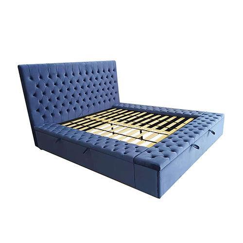 King Size Storage Bed Frame Elegant Luxury Velvet in Navy Blue Colour - John Cootes