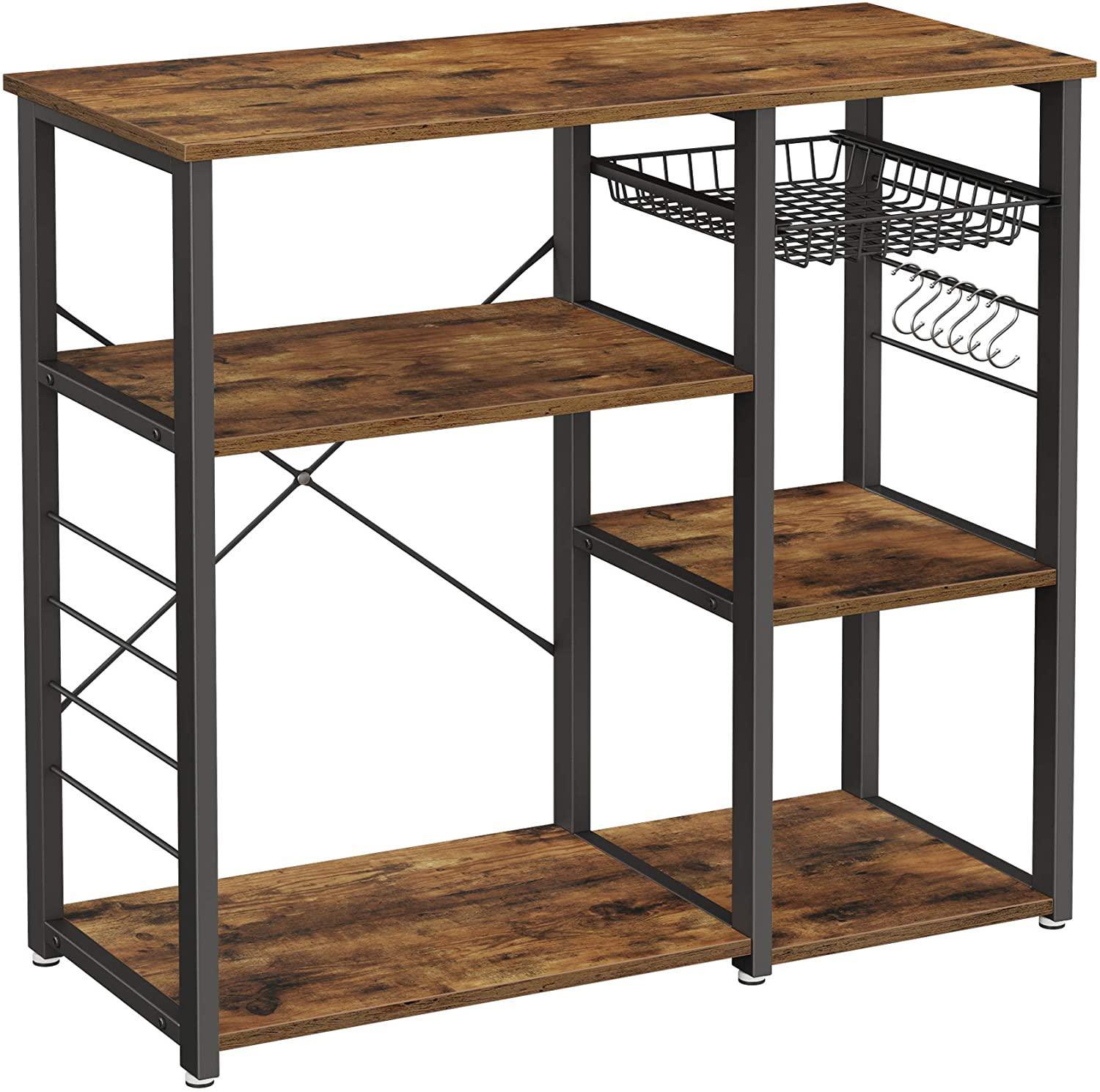 Kitchen Shelf with Steel Frame Wire Basket and 6 Hooks Rustic Brown and Black - John Cootes