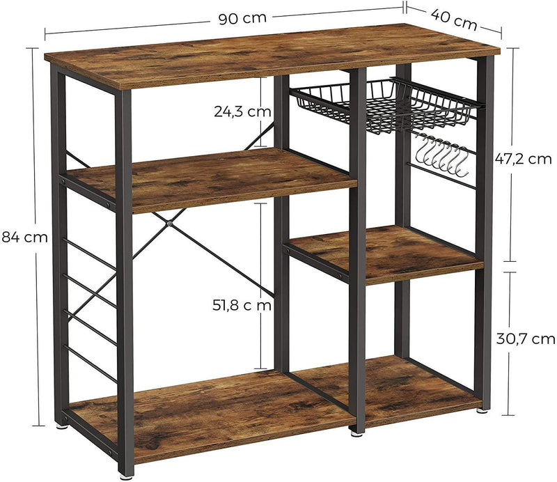 Kitchen Shelf with Steel Frame Wire Basket and 6 Hooks Rustic Brown and Black - John Cootes