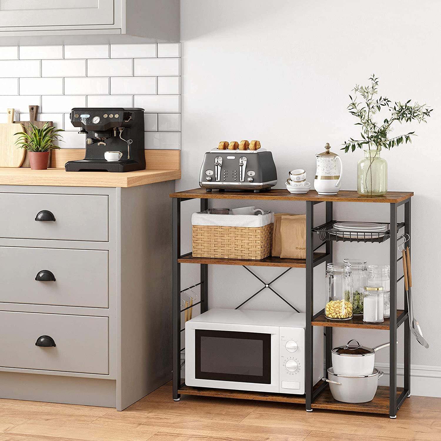 Kitchen Shelf with Steel Frame Wire Basket and 6 Hooks Rustic Brown and Black - John Cootes