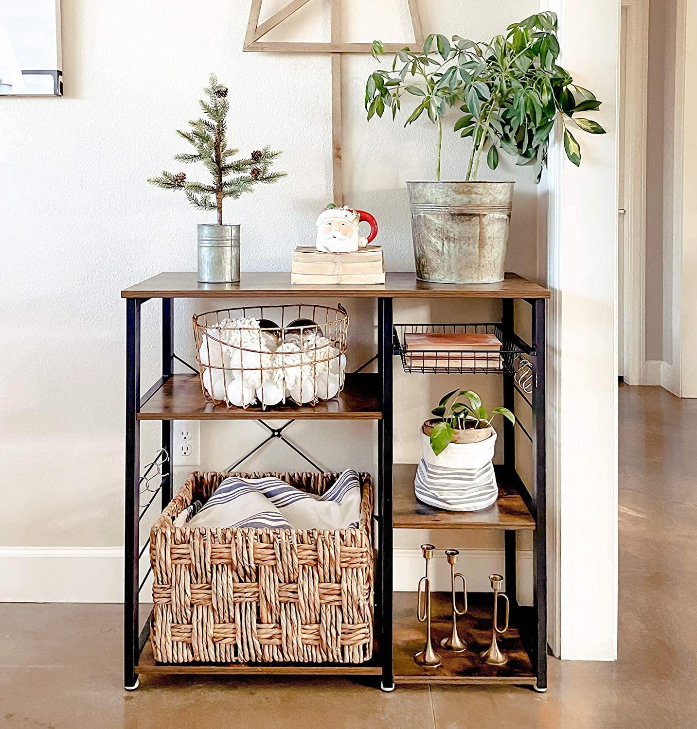 Kitchen Shelf with Steel Frame Wire Basket and 6 Hooks Rustic Brown and Black - John Cootes